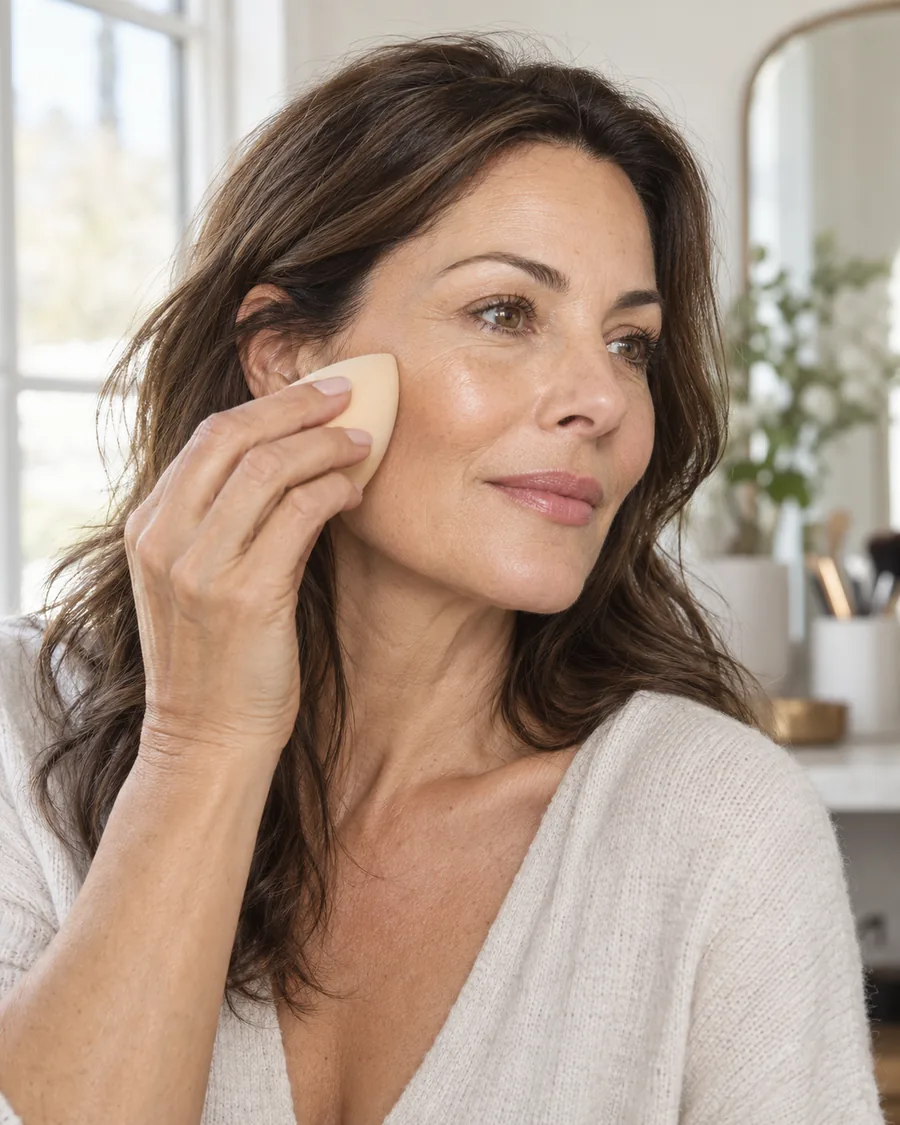 Applying a thin layer of foundation with a makeup sponge